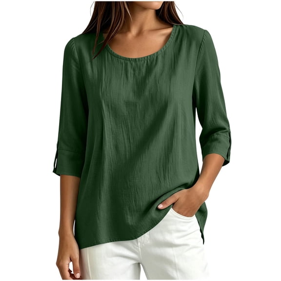 Vivianyo HD Women's Round Neck 3/4 Sleeve Blouse, Casual Woven Top for Women Everyday Wear, Women's Army Green, Sizes S-2XL