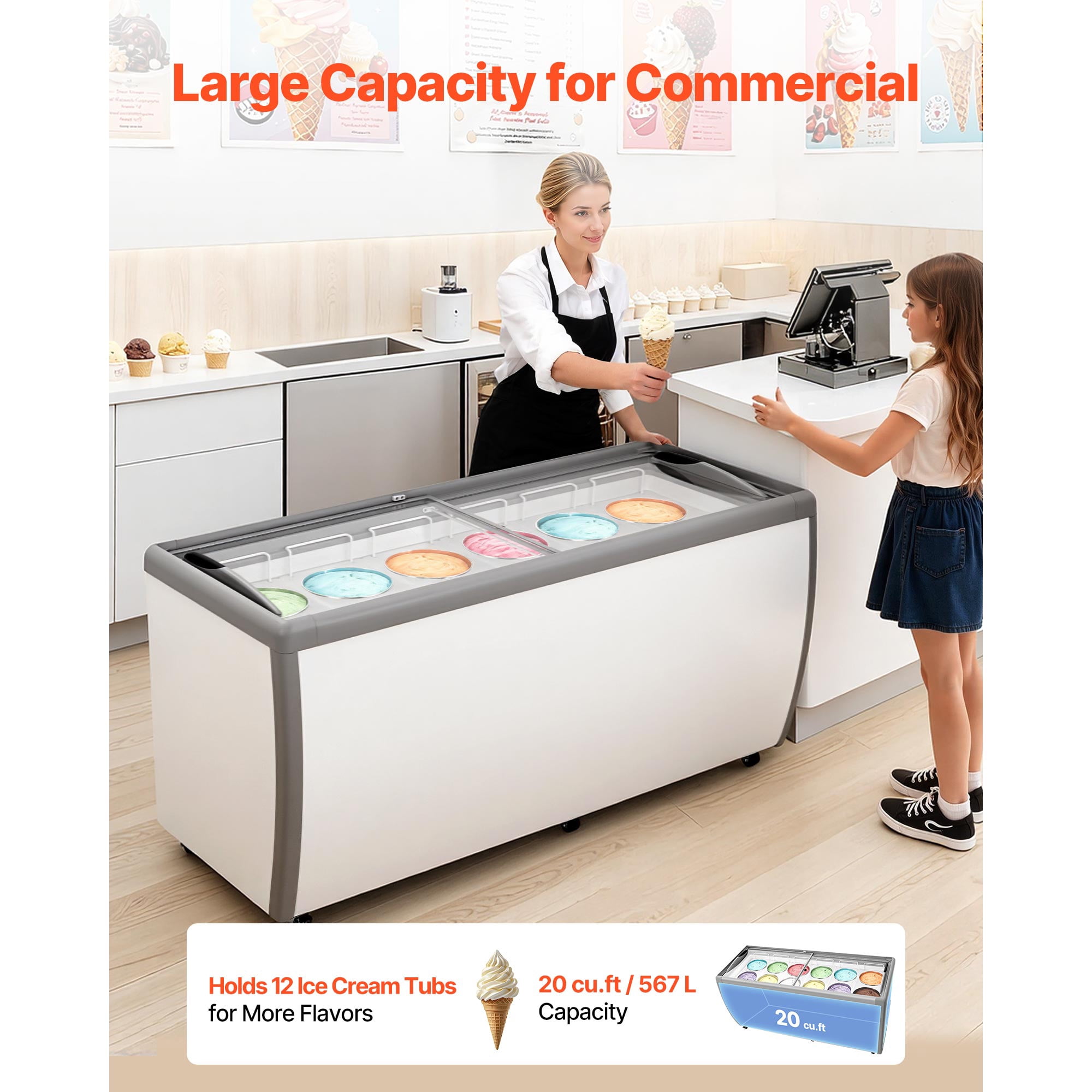 KFFKFF Commercial Ice Cream Display Freezer, 20 Cu.ft Capacity Chest Freezer, Gelato Dipping Cabinet for Restaurants with Casters, Sliding Glass Door, LED Lights, Holds 12 Ice Cream Containers