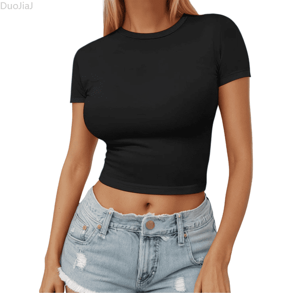 Duojiaj Women's Summer Pullover A Thin Round Neck Fashionable Short Sleeved Milk Silk Top Women's T-Shirts