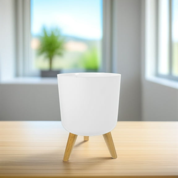 Tineasur  Round Indoor Planter with Wood Stand Home Decorative Item White 1Set