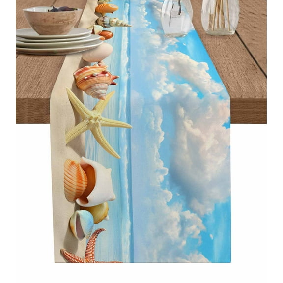 Table Runner Dresser Scarf 16 x 72 Inch Summer Blue Ocean Beach Shell Table Runners Non-Slip Heat Kitchen Dining Table Decor for Indoor Outdoor Home Party Decoration