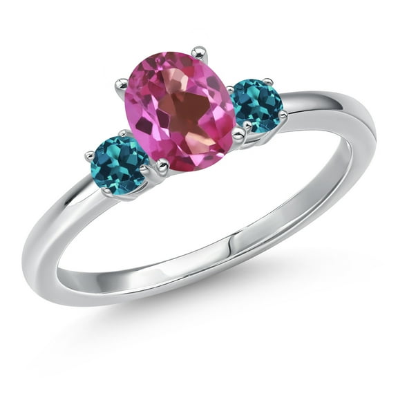Gem Stone King 14K White Gold Pink Mystic Topaz and London Blue Topaz Engagement Ring for Women | 1.06 Cttw | Oval 7X5MM | Gemstone November Birthstone | Size 7