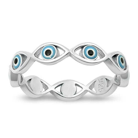 Simulated Mother of Pearl Evil Eye Eternity Ring .925 Sterling Silver Band Jewelry Female Size 8