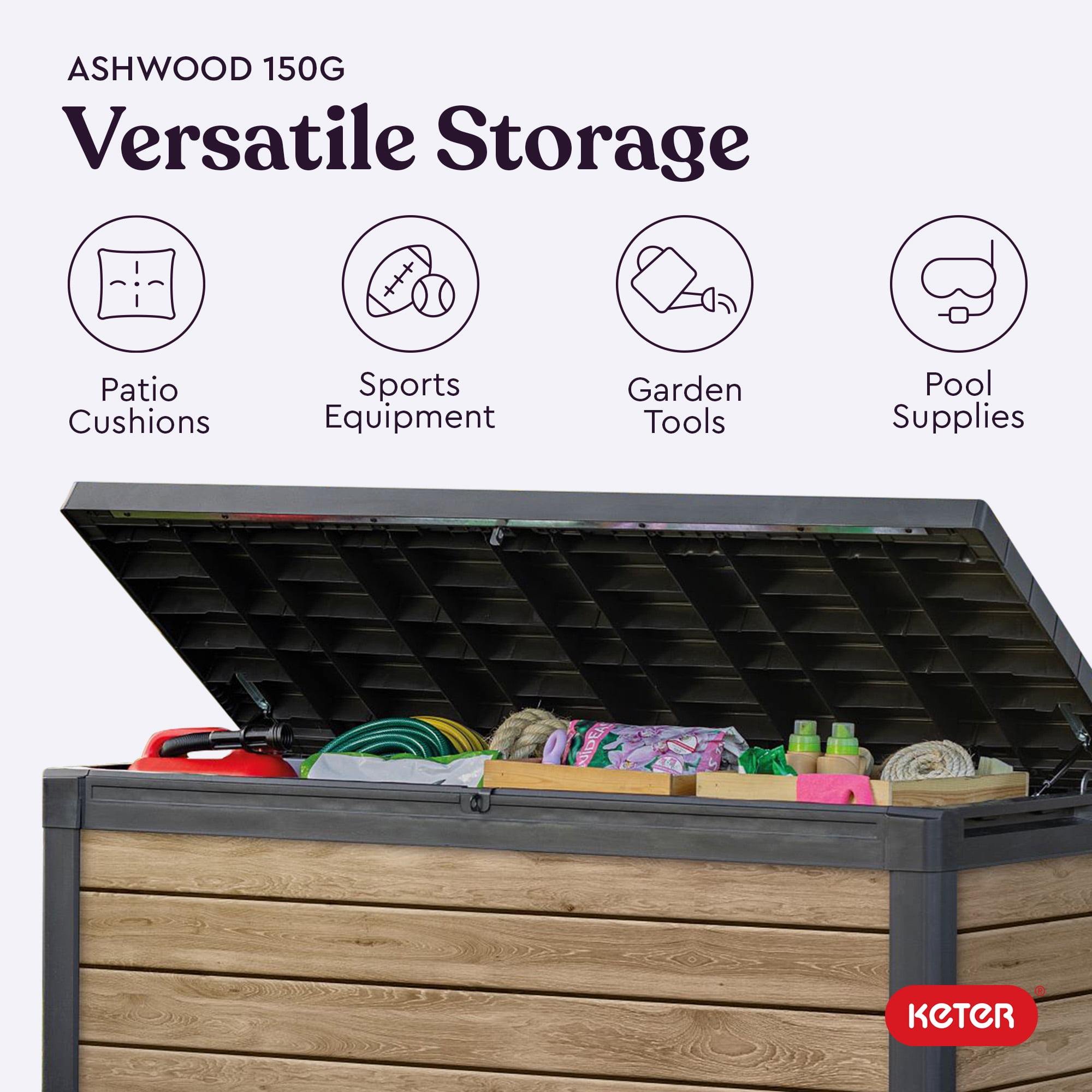 Keter Signature 150 Gallon Durable Weatherproof Resin Deck Box Organization and Storage for Outdoor Patio and Lawn, Ashwood