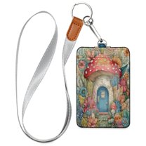 PU Leather Badge Holder ID Badge Holder with Lanyard for Cards & Credentials Cute Mushroom House