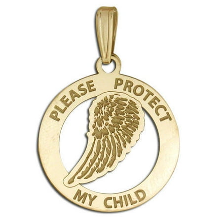Guardian Angel "Protect My Child" Wing Cut-out Medal - 1 Inch X 1 Inch -Solid 14K Yellow Gold