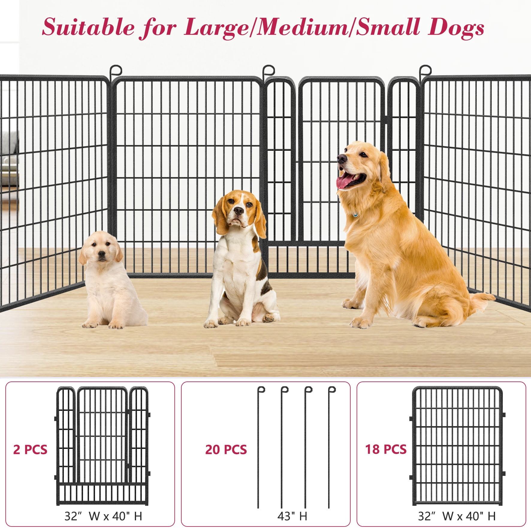 Jhsomdr Dog Playpen 20 Panels 40" Height Pet Dog Fence Metal Outdoor Dog Exercise Pen with Doors