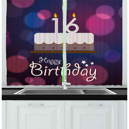 16th Birthday Curtains 2 Panels Set, Cake with Candle Anniversary of Birth Best Wishes Young Image, Window Drapes for Living Room Bedroom, 55W X 39L Inches, Fuchsia and Dark Blue, by (Best Birthday Wishes For Office Colleague)