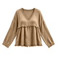 thumbnail image 4 of Women's Plus Size Long Sleeved V Neck T Shirts Causal Loose Fit Solid Tops Ladies Fall Ruffle Hem Going out Tees Khaki02 XXXL, 4 of 5