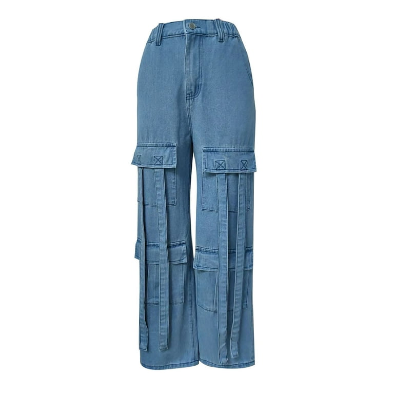 Akivide Womens High Waisted Baggy Cargo Jeans Loose Straight Wide Leg Y2K Cargo  Denim Pants Blue at  Women's Jeans store