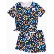 PatPat Women Lounge Sets 2 Piece Pajama Sets Short Sleeve Top and Shorts Loungewear Floral Print Trendy Home and Street Outfits Sets with Drawstring Pockets, Dark Blue, XL
