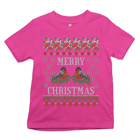 Tee Hunt Merry Christmas Youth T-Shirt Cute Bullfinch Ugly Sweater Happy Holidays Kids  Pink  Medium