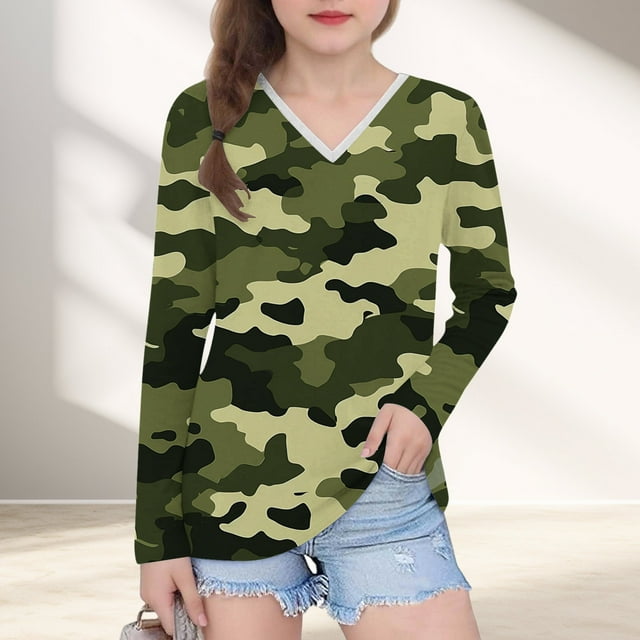 YUNAFFT Chandail à Col en V pour Filles Imprimé Camouflage Manches Longues Style Décontracté