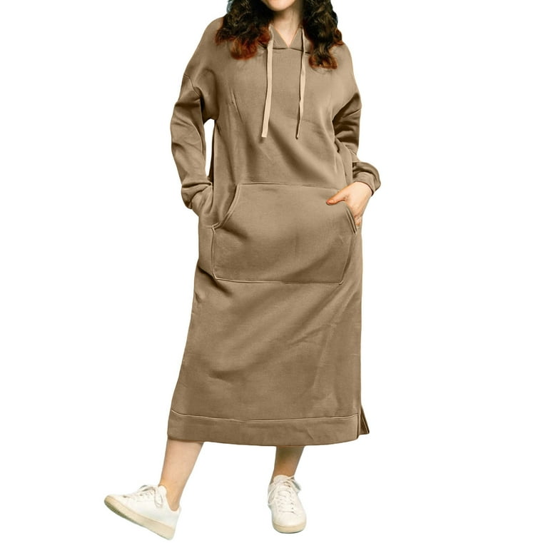 BdTemWBs Women Hooded Maxi Dress Casual Loose Sweatshirt Long Dress Winter Fall Drawstring Slit Hoodie Dresses with Pocket,Khaki L, Adult Unisex, Size