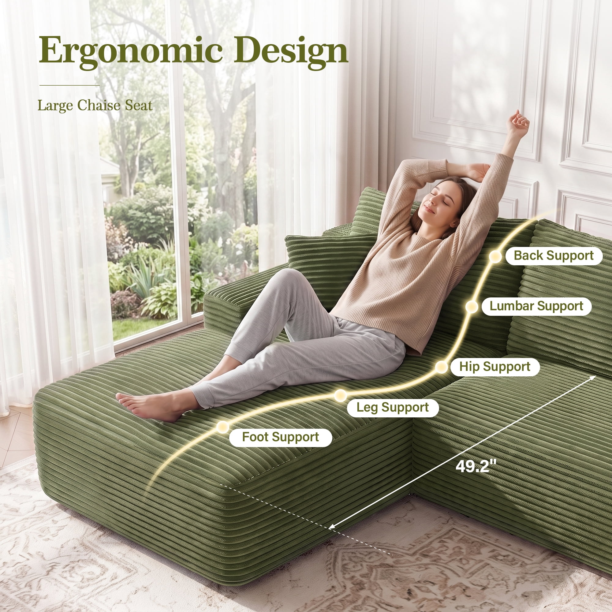Aukfa 107" Boneless Modular Sectional Sofa, L-Shaped Corduroy Couch with Deep Seat and Left-Facing Chaise for Living Room, Green