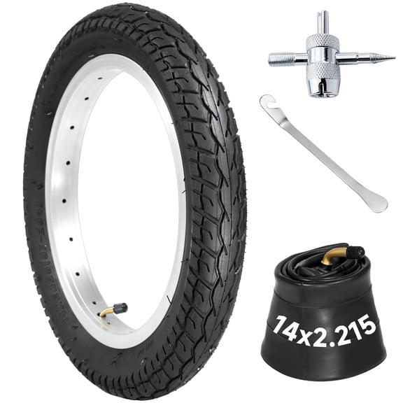 14 x 2.125 E-Bike Tire Set, Fast Rolling Replacement Bicycle Tyre with Airtight Bent Valve Inner Tube, Metal Tire Lever and Valve Tools for E-Bikes Scooters Small Wheel Bikes
