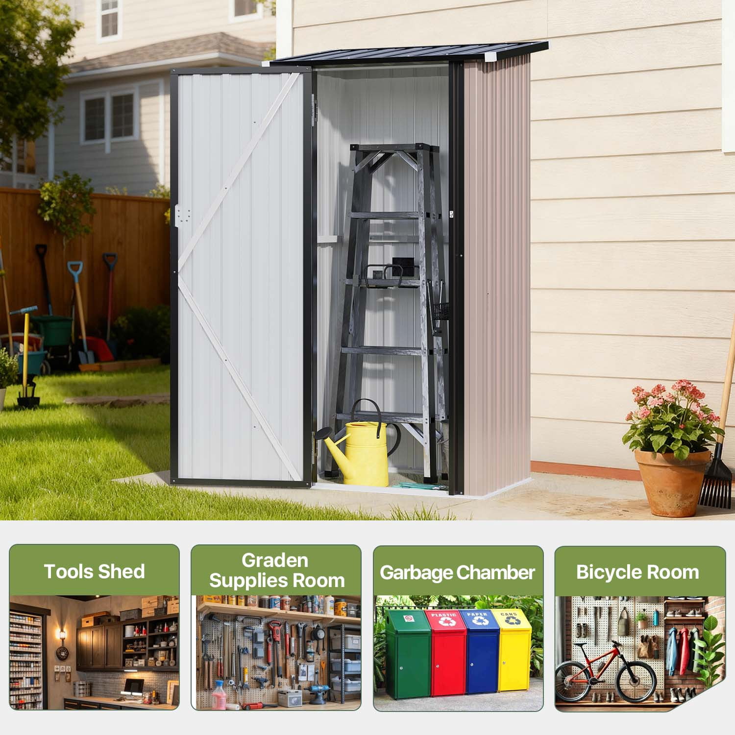 BaPiPro 3x3 ft Small Outdoor Storage Shed, Metal Tool Shed with Lockable Door for Garden Storage, Storage Cabinet Brown