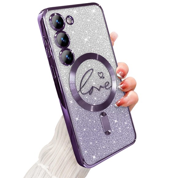 Zonrw Para Samsung Galaxy S23 Funda Magnética Para Mujer Niña Suave Lindo Lujo Amor Corazón Chapado Bling Degradado Glitter Funda Para Teléfono Compatible Con Magsafe Transparente A Prueba De Golpes C