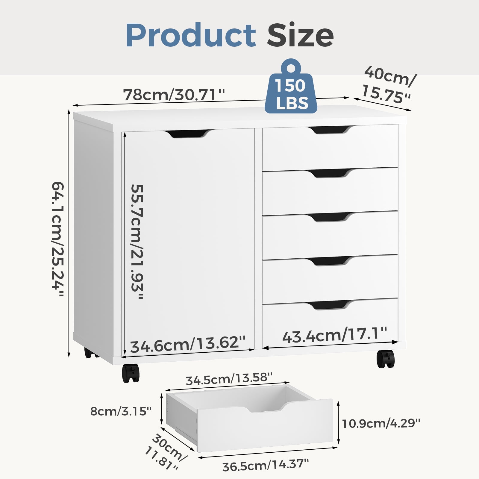 IULULU 5-Drawer Rolling File Cabinet with Wheels - Mobile Wood Storage Organizer & Adjustable Printer Stand for Home Office, White