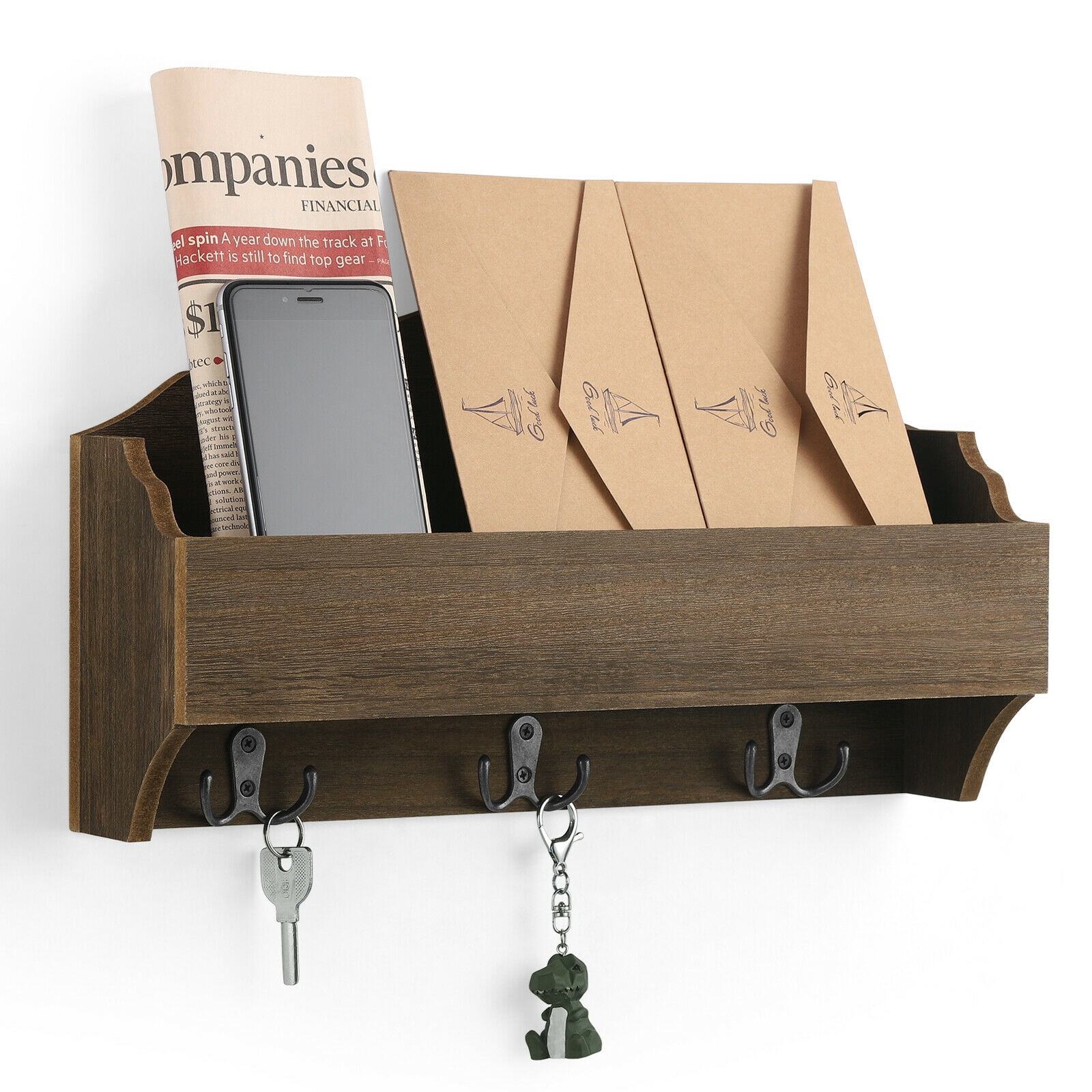 Rustic Wooden Wall Mounted Mail Sorter Wall Hanging Rack with 3 Double Key Hooks