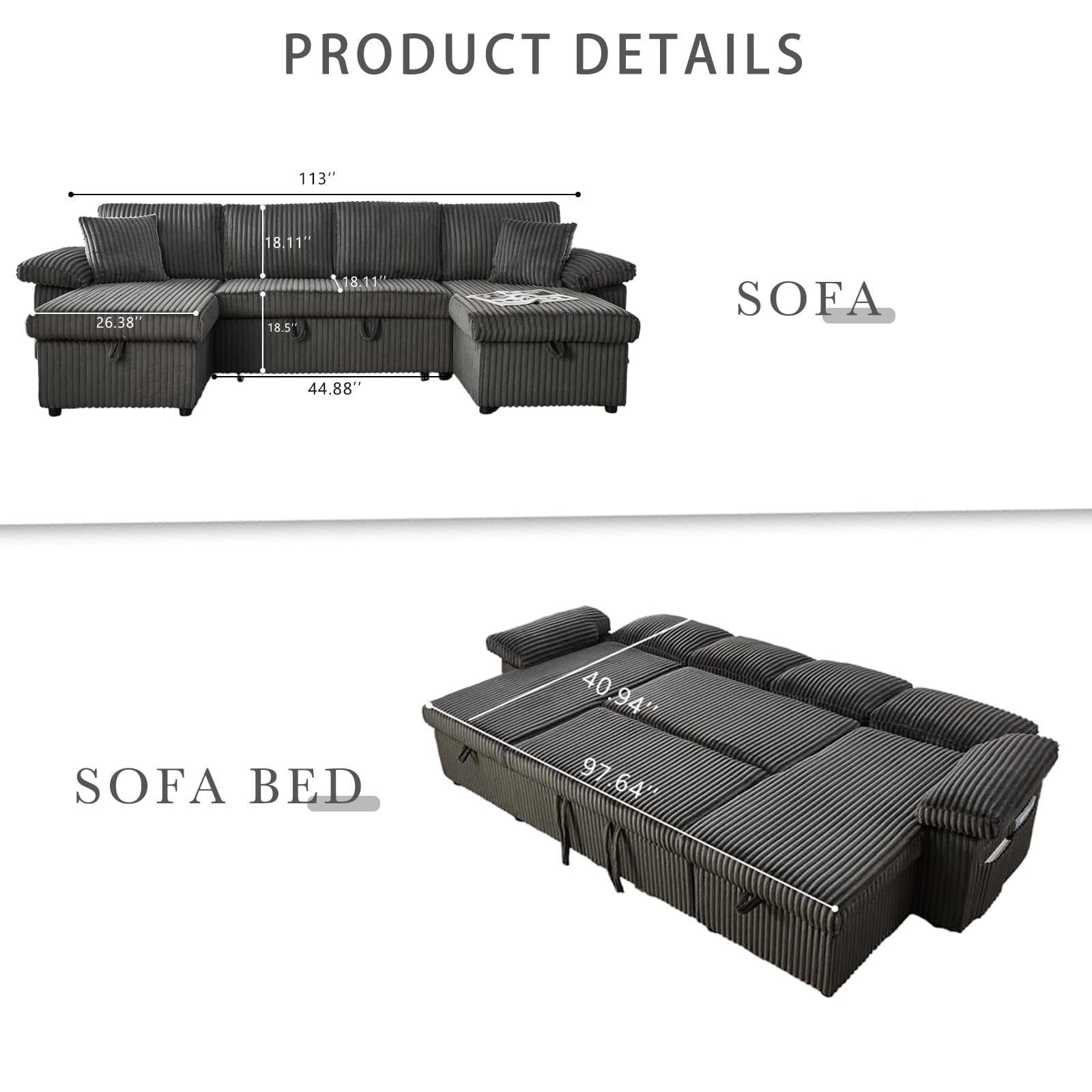 Aisword 113" Sectional Couch with Storage Chaise, U Shaped Adjustable Backrest Couch with Pull Out Bed, 4 Seater Sectional Couches for Living Room (Corduroy, Dark Grey)