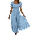 thumbnail image 2 of ClodeEU Women's Square Neck Puff Short Sleeve Smocked High Waist Tiered Ruffle Maxi Dress,Summer Flowy Casual Textured Dress Sky Blue,Women's Plus XXL, 2 of 7
