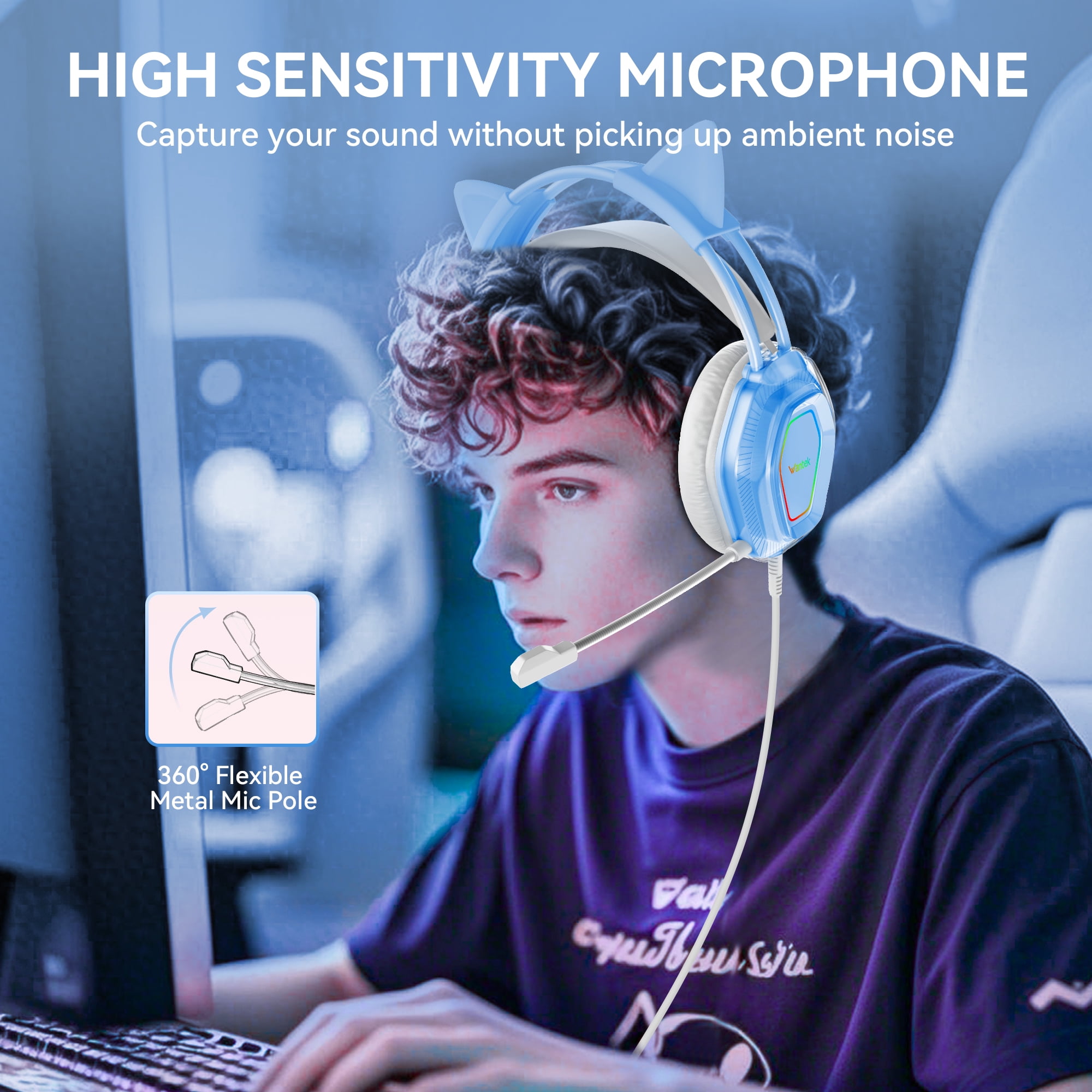 Wantek Gaming Headsets, Surround Stereo Gaming Headphones with Noise Cancelling Mic, LED Lights & Soft Memory Earmuffs for PS5/ PS4/ Xbox One/Nintendo Switch/PC Mac Computer Games- Blue