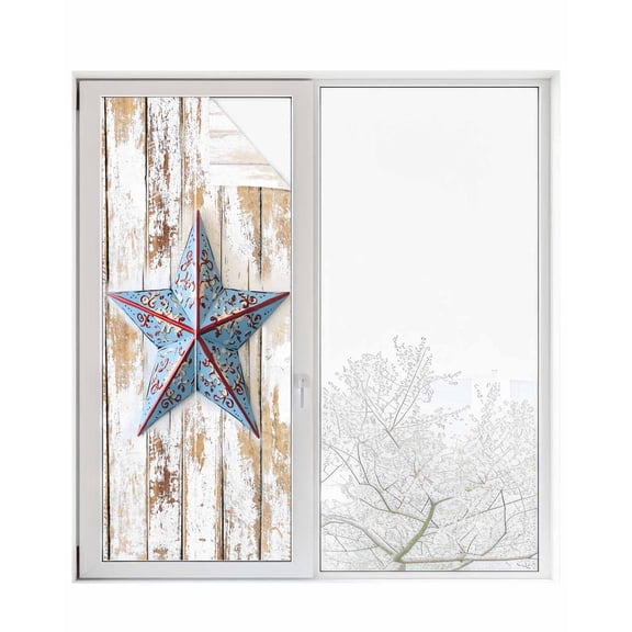 Window Privacy Film Texas Star Blue Red Stained Glass Window Film Decorative Sun Block Window Cover Country Western Vintage Wood Window Clings Static Adhesive Sticker for Bathroom 23.6"x59"