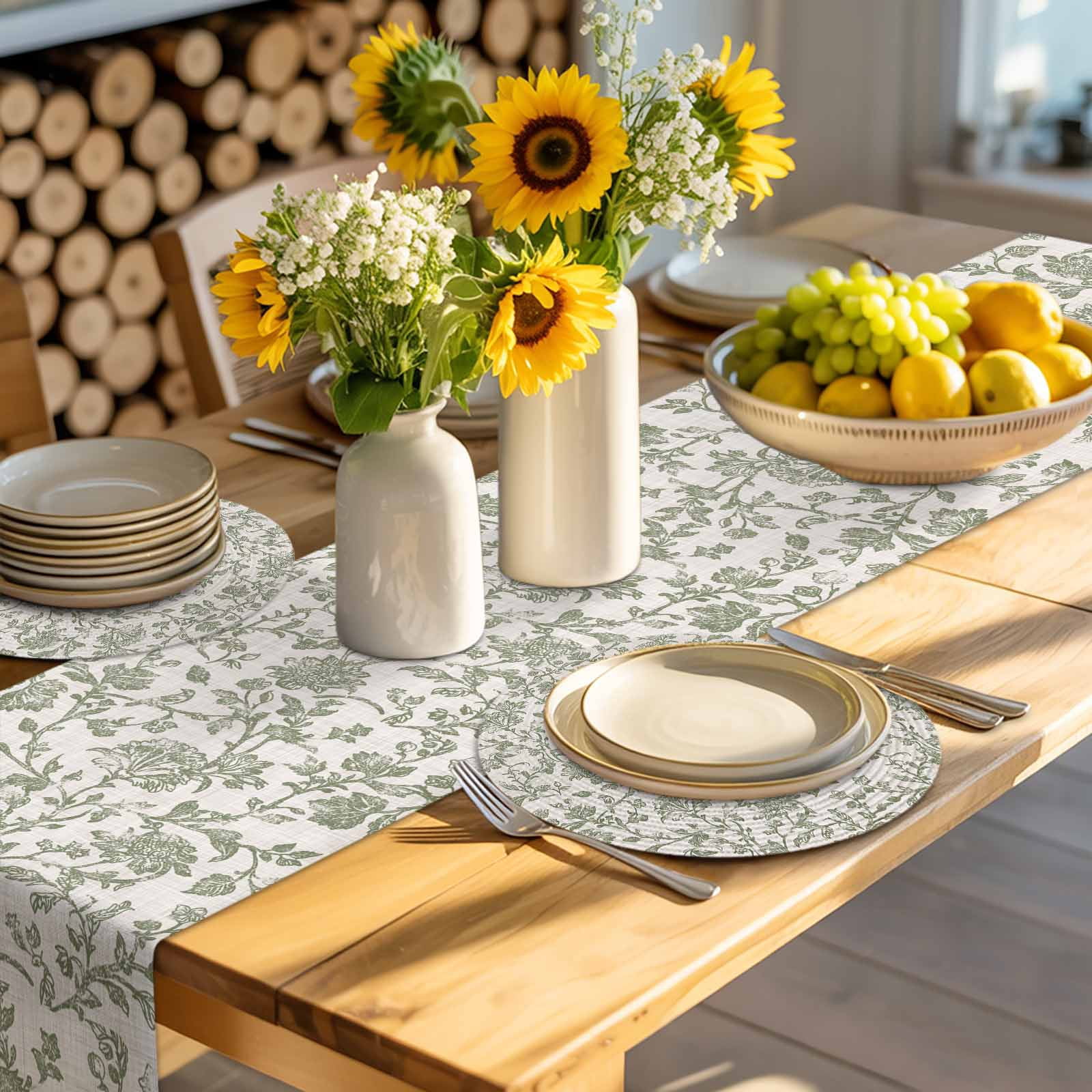 Spring Flowers Round 15 Inch Placemats Set of 8, Farmhouse Sage Green Pastoral Floral Leaf HeatResistant Non Slip Place Mats for Dining Table, Wipeable Braided Kitchen Table Mats for Housewarming