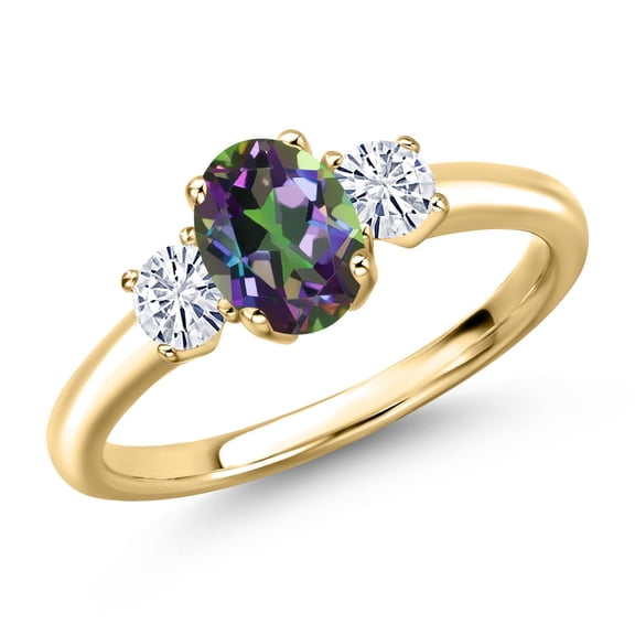 Gem Stone King 10K Yellow Gold Green Mystic Topaz and White Moissanite Engagement Ring for Women | 1.32 Cttw | Oval 7X5MM | Gemstone November Birthstone | Size 6