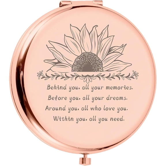 Metal Compact Pocket Mirror Sunflower Magnifying Two-Sided Folding Makeup Mirror 2.6inch Travel Portable Behind You All Your Memories Gifts for DIY Women mum Sister Daughter Rose Gold