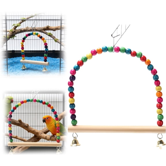 Bird Swing Toy Natural Wooden Perch with Colorful Plastic Beads and Two Chimes for Parrot Cage Decor