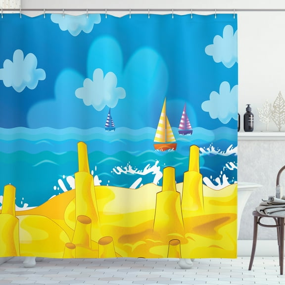 Wave Shower Curtain, Cartoon Scene with Sandy Beach Sandcastles Playground Boats and Cloudy Sky Print, Fabric Bathroom Set with Hooks, 69"W X 84"L Extra Long, Mustard Sky Blue, by Ambesonne