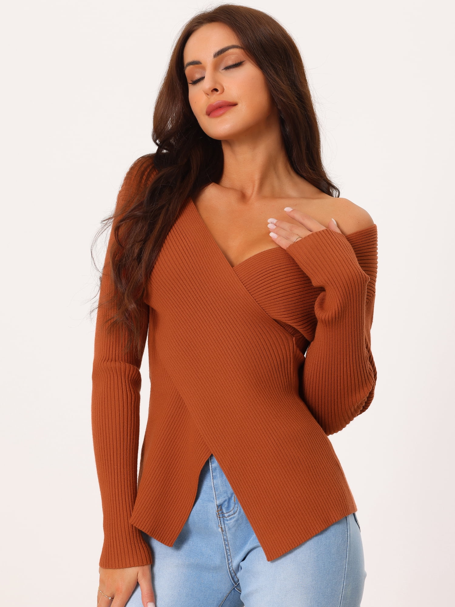 Women's Long Sleeve V Neck Criss Cross Sweater Casual Fall Outfits M Brick Red