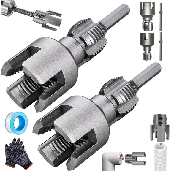 4-in-1 Water Pipe Wrench, 2026 New Upgrade Integrated Internal & External Pipe Threading Tool, 1/2'' 3/4'' 1'' PVC Thread Maker Tool Fits All Threads, Opener Compatible Electric Drill (1/2" 3/4")