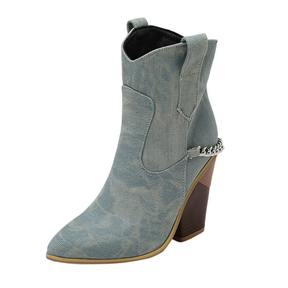 PEASKJP Women's Hiking Boots Mid Calf Chunky Heels Patent Leather Boots,Light Blue 39