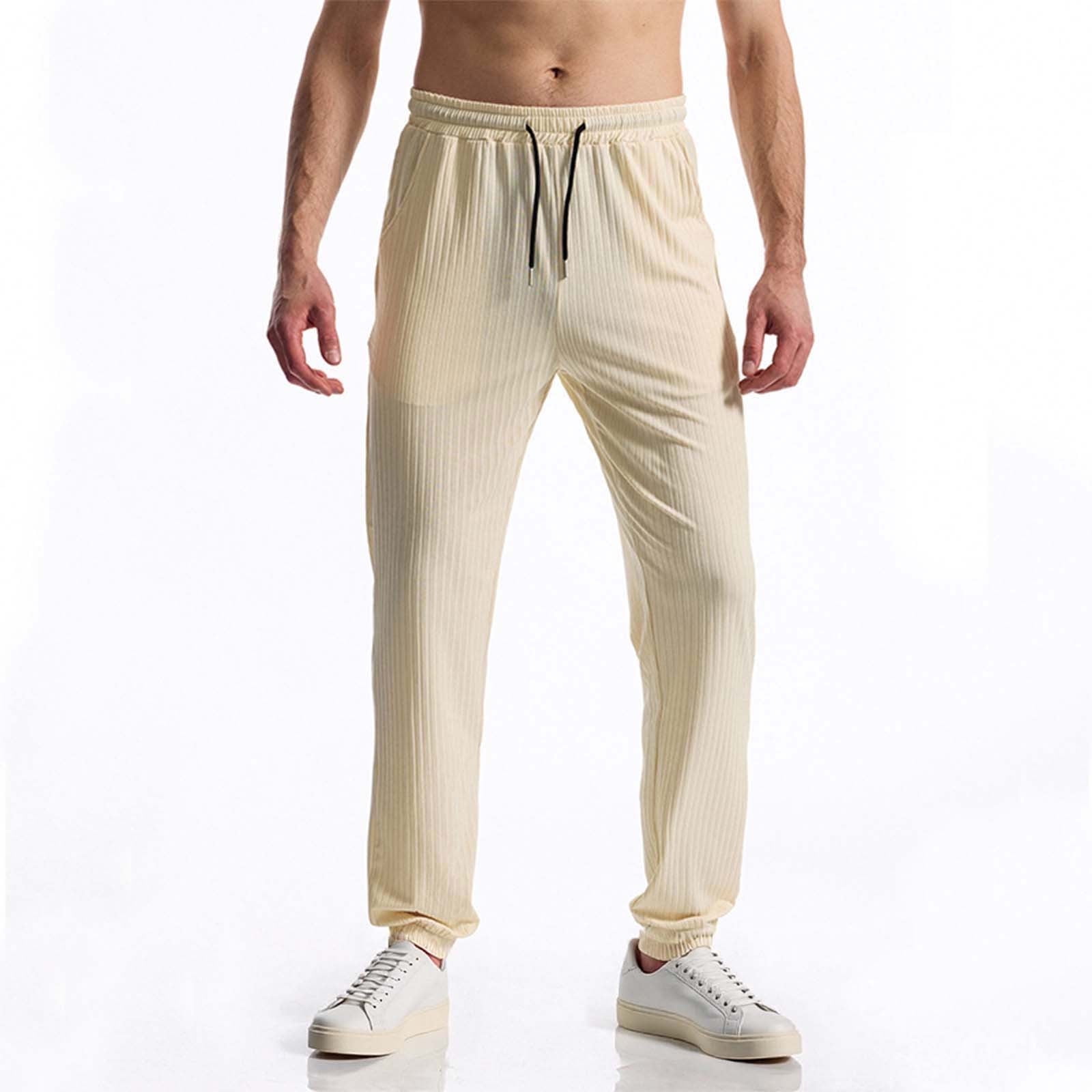 Iugvhana Jogger Pants for Men Drawstring Ribbed Solid Casual Long