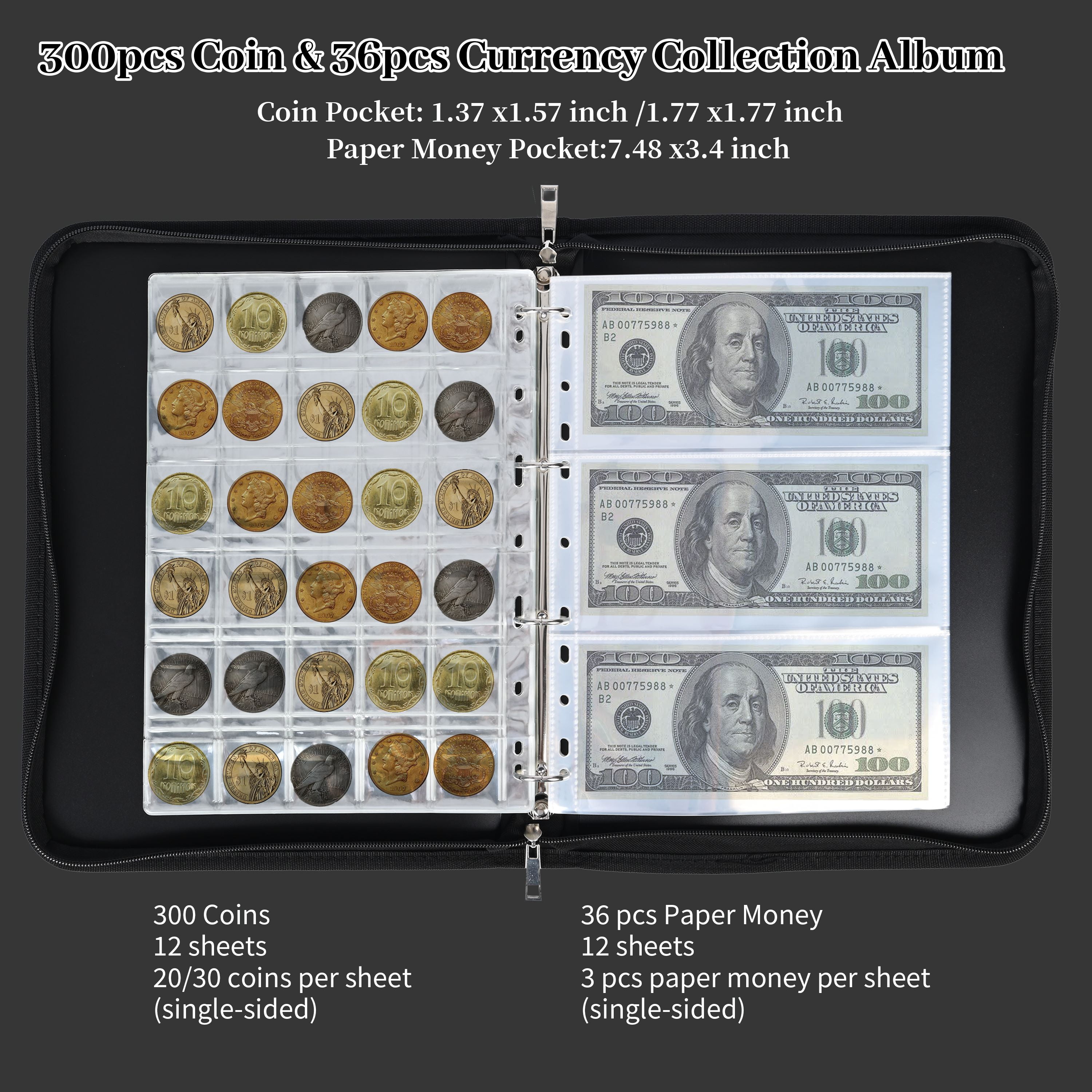 Gomok Coin Collection Book Holders, 300 Pockets Fireproof Coins Collection Album & 36 Sleeves Paper Money Display Storage Case