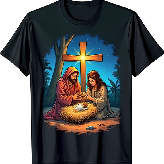 Black T-Shirt with Stunning Nativity Scene Graphic