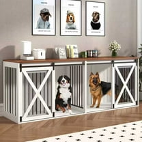 94.5" XXXL Dog Crate Furniture for 2 Medium or Large Dogs, Farmhouse Dog Kennel TV Stand with Sliding Door and Removable Divider (White)
