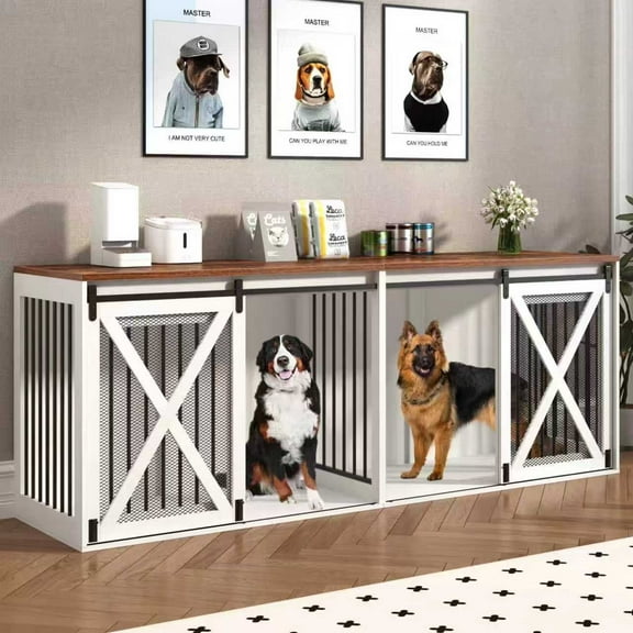94.5" XXXL Dog Crate Furniture for 2 Medium or Large Dogs, Farmhouse Dog Kennel TV Stand with Sliding Door and Removable Divider (White)