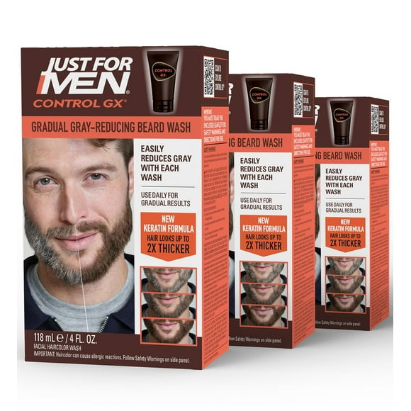 Just For Men Control GX Grey Reducing Beard Wash Shampoo with Keratin, Gradually Colors Mustache and Beard, Leaves Facial Hair Thicker Softer and Fuller, 4 Fl Oz - Pack of 3 (Pa