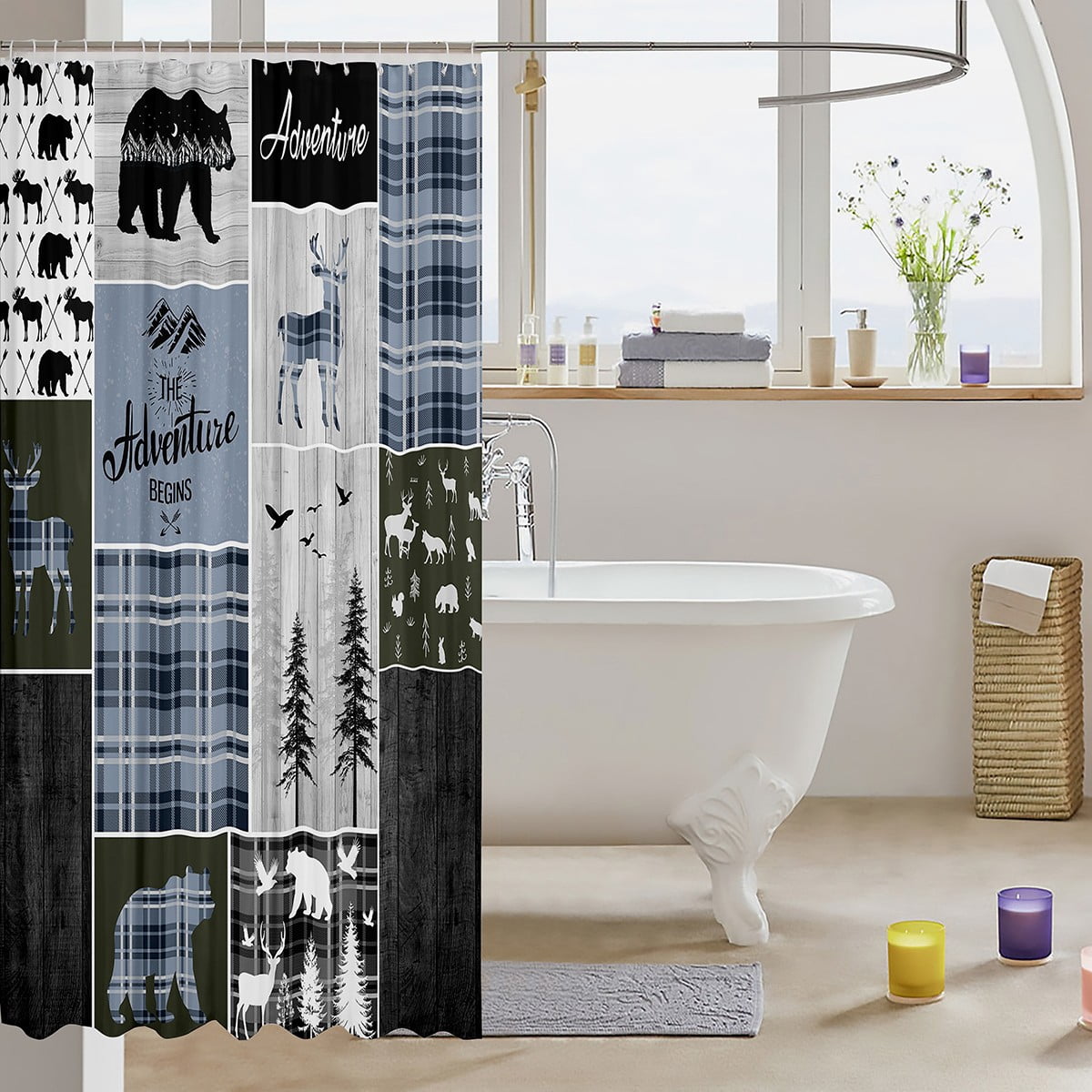Rustic Cabin Shower Curtain Bedroom, Bear Deer Bath Curtain , Hunting Wild Animal Waterproof Bathroom Curtains 72" W X 78" L, Rustic Farmhouse Buffalo Bathtub Shower Curtain