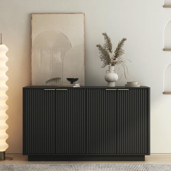 YYAo Modern Accent Cabinet, Buffet with Fluted Sides and Storage, Large Sideboard with Adjustable Shelves, Black