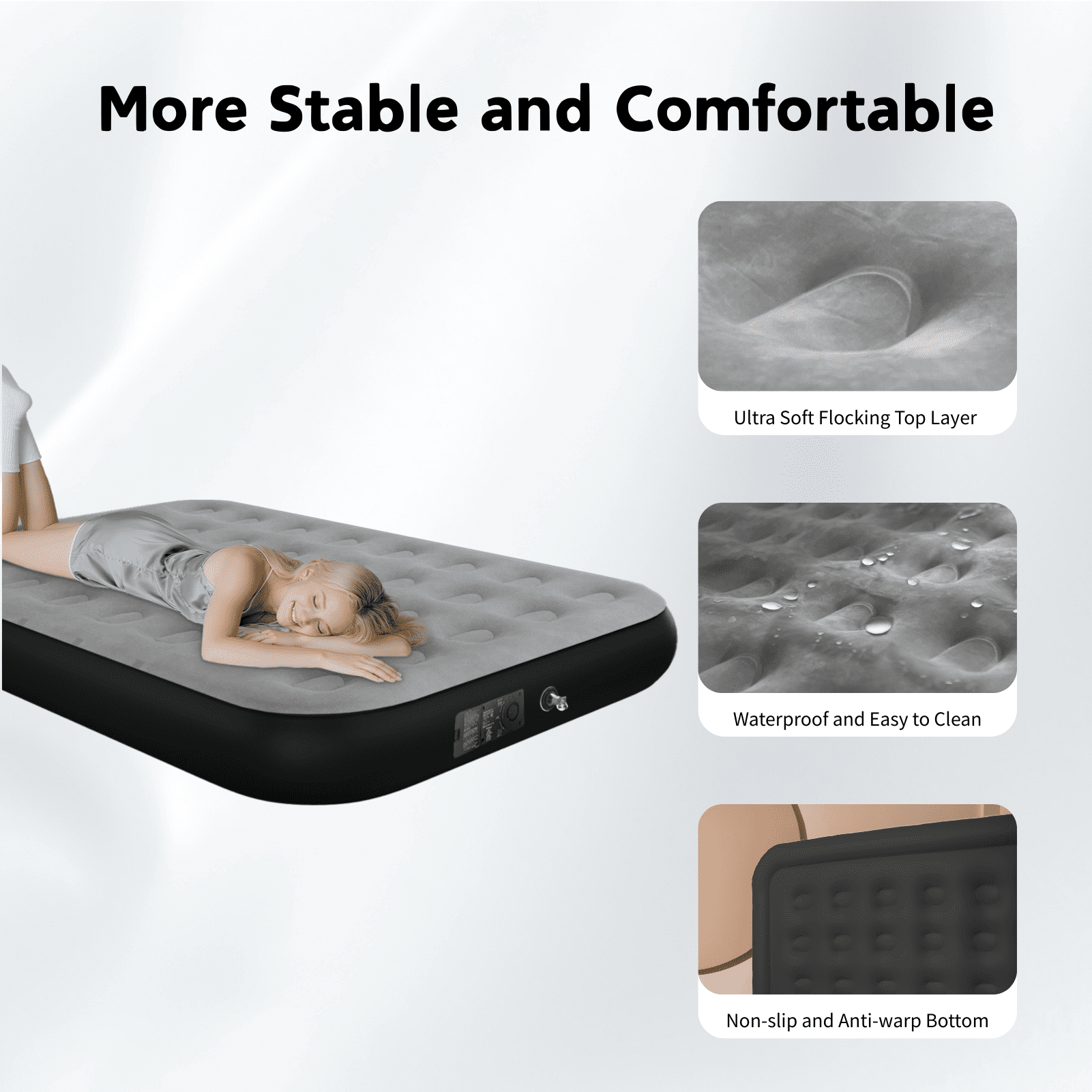Full 10" Top Flocking Air Mattress with Built-in Pump Raised Comfort,Fast Inflation/Deflation Foldable Portable Air Bed with Storage Bag for Home,Camping,Guests Grey
