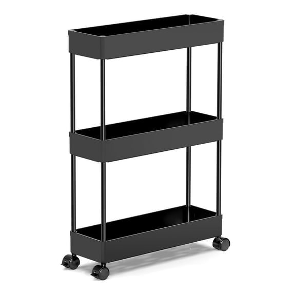 HIOHA 3-Tier Slim Utility Cart, Mobile Rolling Storage Organizer with Lockable Wheels for Kitchen, Bathroom, Laundry and Office,Black