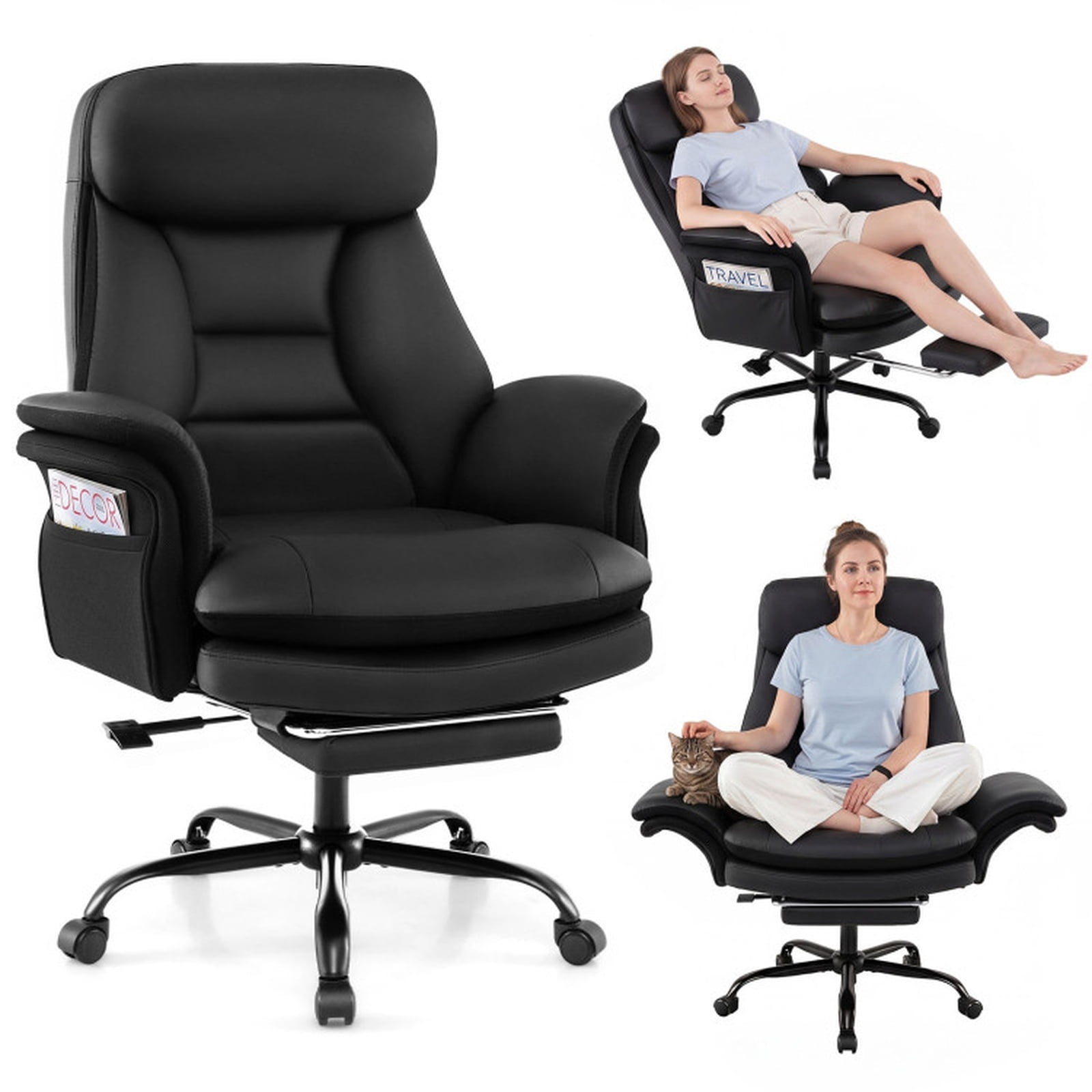 Furnibear Big and Tall Ergonomic Office Chair 400 lbs High Back Wide Faux Leather Computer Chair with Retractable Footrest, Black