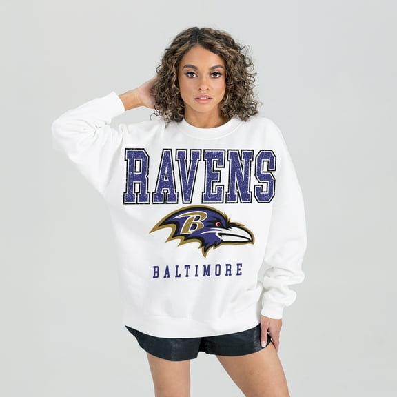 Women's Gameday Couture  White Baltimore Ravens  Sunday Drives Oversized Crewneck Pullover Sweatshirt