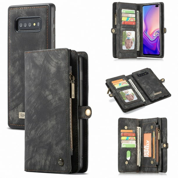 Samsung Galaxy S10 Plus Wallet Case - Dteck Premium Leather Zipper Purse Detachable Magnetic Case S10 Plus Shockproof Cell Phone Case Credit Card Slots, Black - Walmart.com