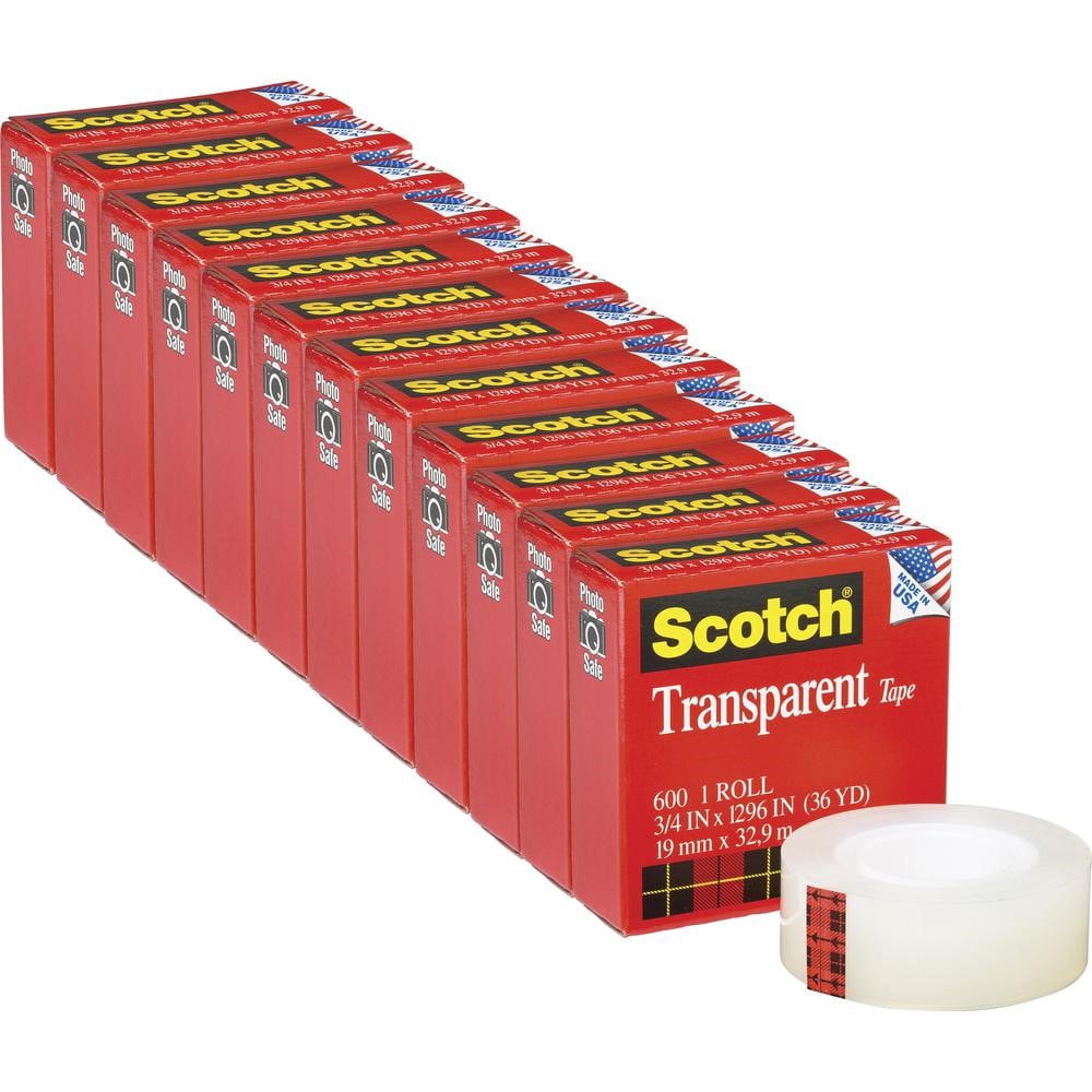 Scotch, MMM600341296PK, Transparent Tape - 3/4"W, 12 / Pack, Clear